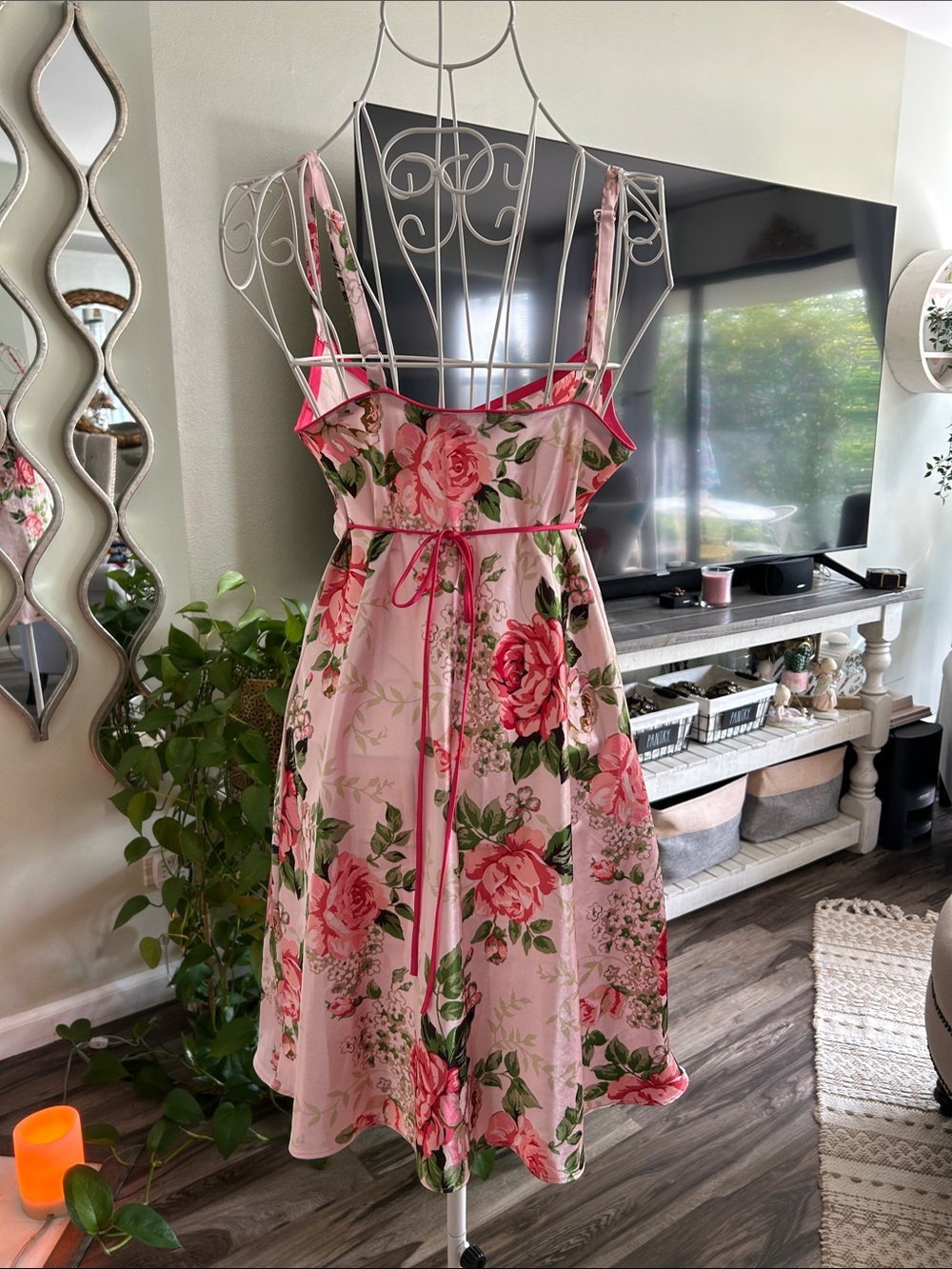 Adonna Pink Floral Satin Chemise with Rose Print - Picture 2 of 8